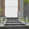 Tranquil Garden Stepping Stones Path With Stone Lanterns Pebbles And Green Foliage