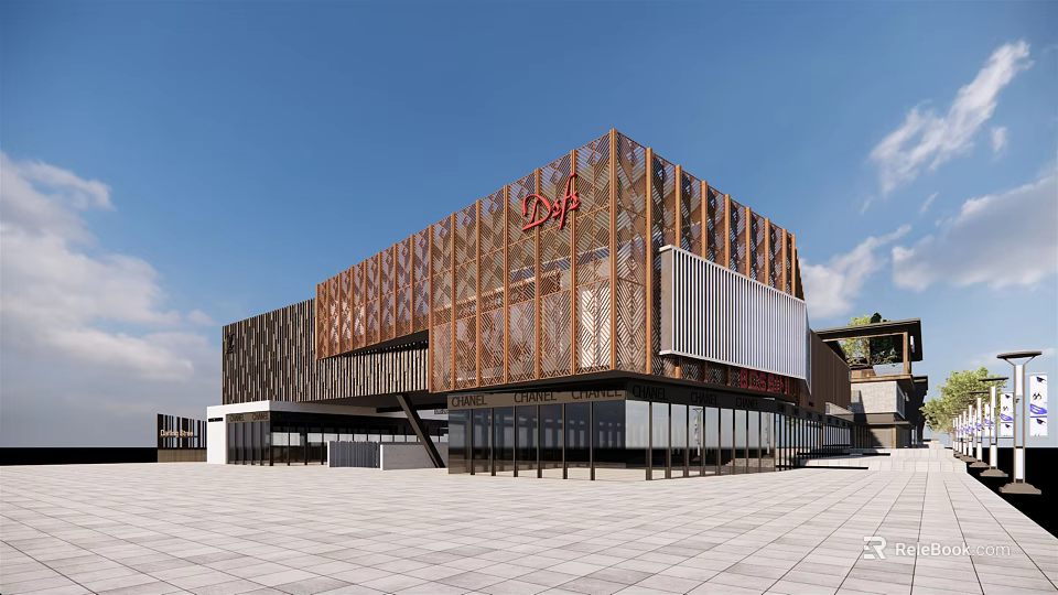 Modern Commercial Street With Geometric Pattern Facade Red Logo And Spacious Square 3d model 