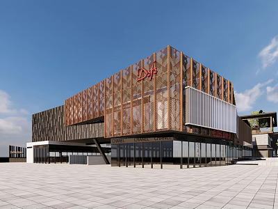 Modern Commercial Street With Geometric Pattern Facade Red Logo And Spacious Square 3d model