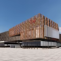 Modern Commercial Street With Geometric Pattern Facade Red Logo And Spacious Square
