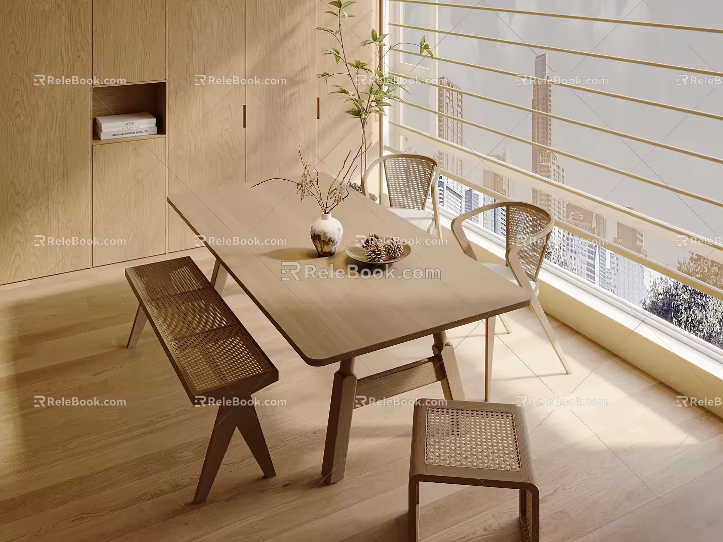 Log Dining Table and Chair Combination Green Plant Dining Table and Chair Rectangular Four-Person 3d model