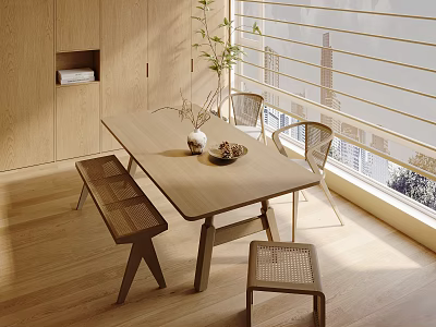 Minimalist Wooden Dining Table Set With Rattan Chairs Bench And Natural Window Light 3d model