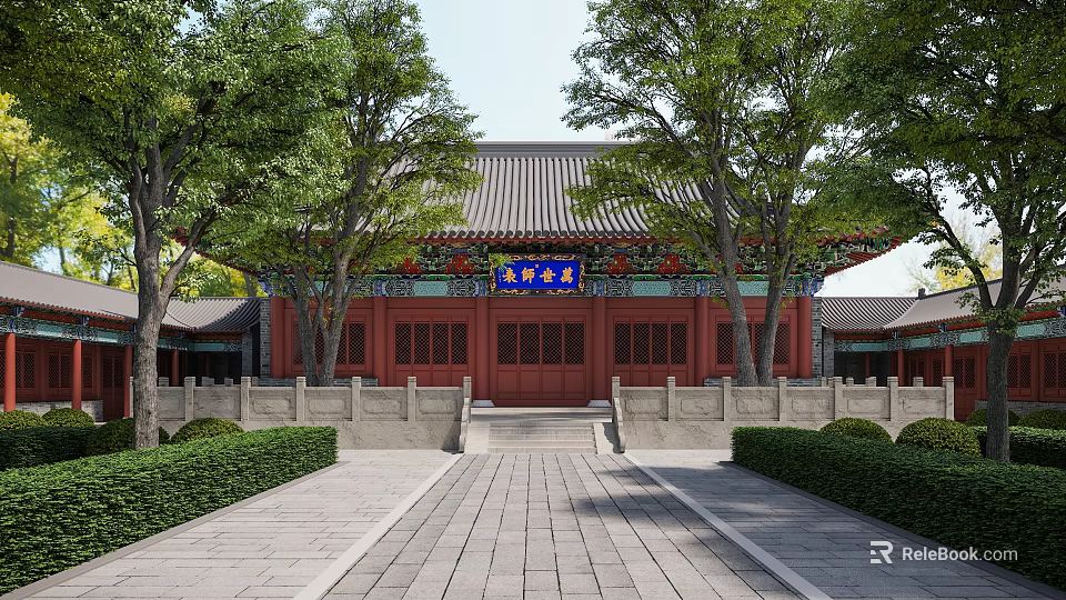 Traditional Ancient Chinese Building With Red Doors Blue Plaque Trees And Stone Path 3d model 
