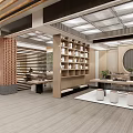 Traditional Chinese Tea House Interior With Wooden Shelves Tea Table And Decorative Plants