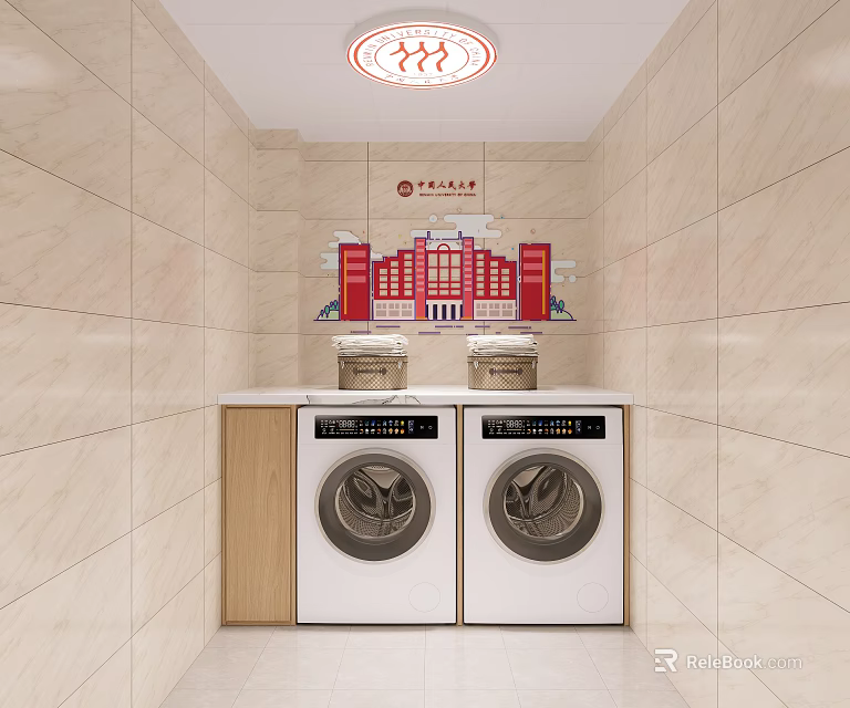 Laundry Room Interior With Two Washing Machines Beige Tiled Walls Red Sign And Ceiling Light 3d model 