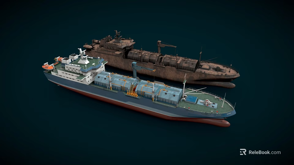 Modern Oil Tanker and Rusty Old Ship Displayed Side by Side 3d model 