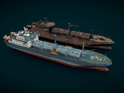 Modern Oil Tanker and Rusty Old Ship Displayed Side by Side 3d model