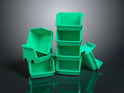 Green Plastic Storage Bins Stacked And Tilted In Organized Storage Setup 3d model