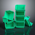 Green Plastic Storage Bins Stacked And Tilted In Organized Storage Setup
