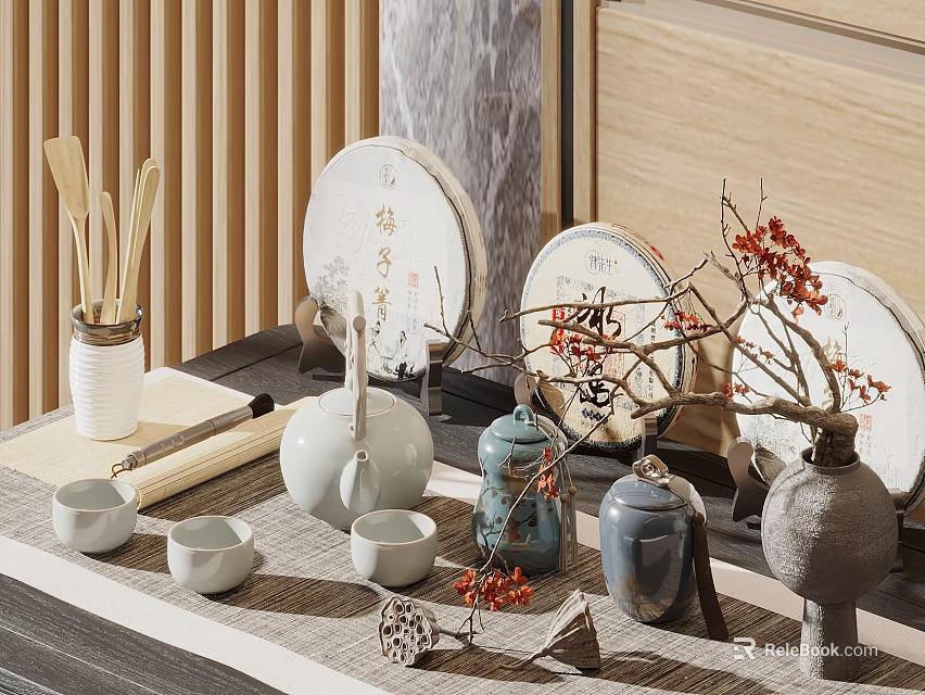 Traditional Ceramic Tea Set with Teapot Teacups Round Plates and Decorative Branches on Wooden Tabletop 3d model 