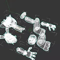 Disassembled 3D Robot Character Model with Rabbit Head Purple Red Blue Parts on Grey Background