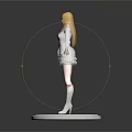 Woman With Blonde Hair In White Dress And Red Bow Tie Standing On White Base