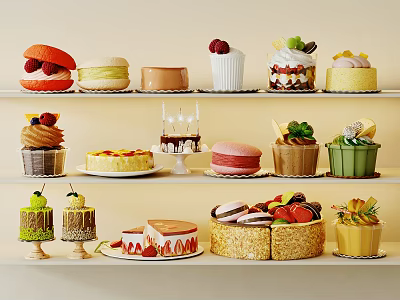 Assorted Desserts Display On Shelves With Lights 3d model