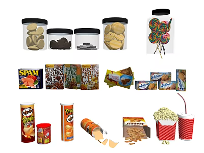 Assorted Packaged Food Snacks Including Canned Treats Lollipops Chips And Popcorn 3d model
