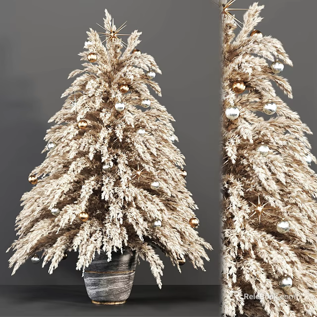Ornamental Potted Bonsai Tree With White Foliage And Gold Silver Decorative Balls 3d model 