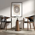 Modern Round Dining Table With Leather Chairs And Decorative Artwork On Wall 3d model