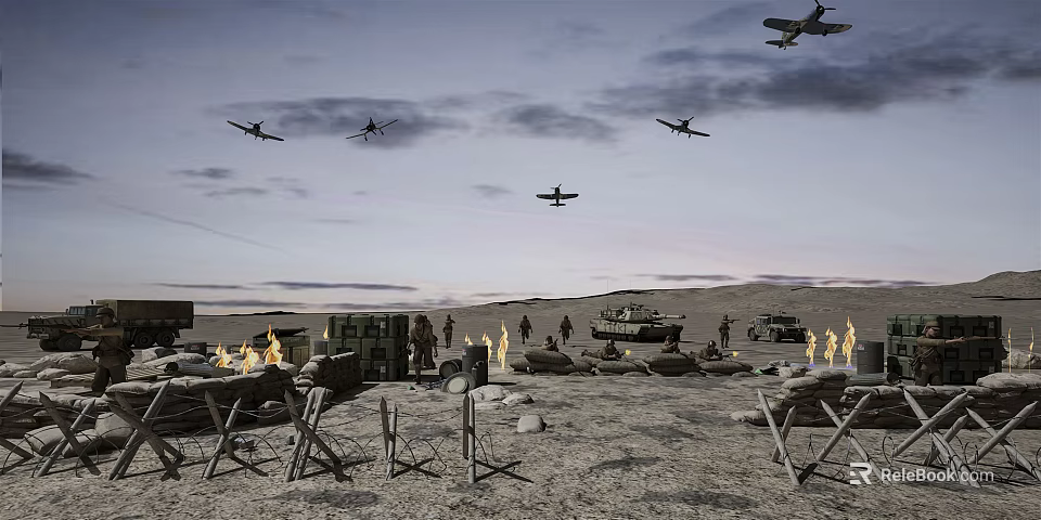 Military Camp Scene With Airplanes Tank Soldiers And Campfires In Desert 3d model 
