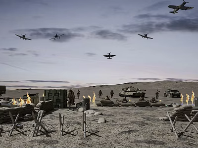Military Camp Scene With Airplanes Tank Soldiers And Campfires In Desert 3d model
