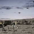 Military Camp Scene With Airplanes Tank Soldiers And Campfires In Desert