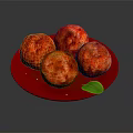 Appetizing Four Baked Meatballs Served on Red Plate with Fresh Green Leaf