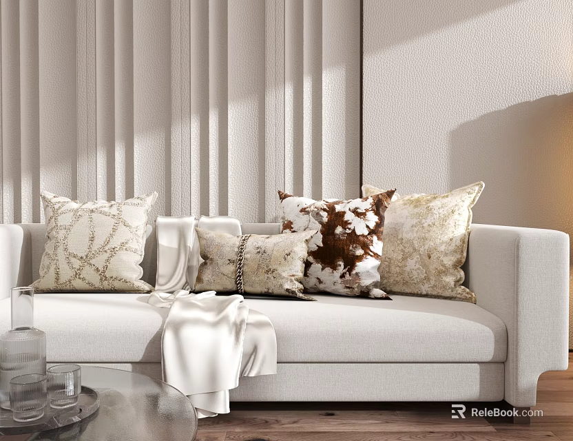 Stylish Patterned Pillows On White Sofa With Beige Brown Textures And Throw Blanket In Interior 3d model 