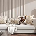 Stylish Patterned Pillows On White Sofa With Beige Brown Textures And Throw Blanket In Interior