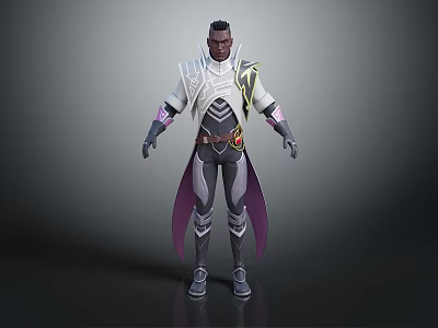 Male Fantasy Character 3D Model With White Armor Purple Cape And Black Bodysuit 3d model