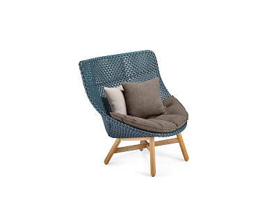 Blue Woven Leisure Chair With Gray Cushions And Wooden Cross Legs 3d model