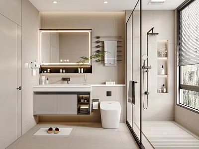 Modern Bathroom Interior Design With Large Mirror Vanity Toilet Glass Shower And Plants 3d model