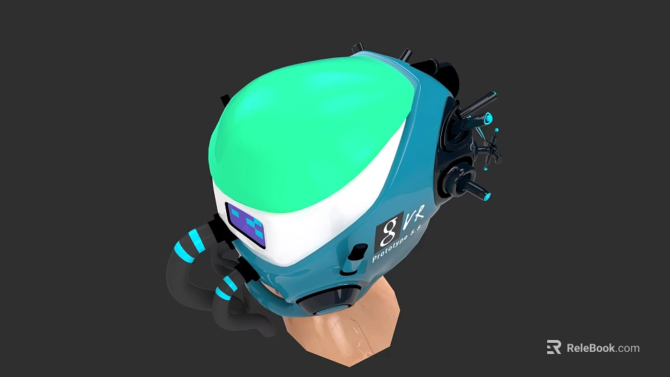 Blue And Green Electronic Robot Head With Green Dome And Display Screen 3d model 