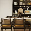 Modern Restaurant Interior With Dining Table Rattan Chairs Cabinet And Green Plant