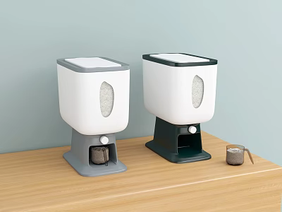 Modern White Grain Storage Containers With Gray Dark Green Bases Button Dispenser On Wooden Countertop 3d model