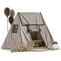 Neutral Style Canvas Kids Play Tent With Exquisite Wooden Toys And Cute Decorative Balloons
