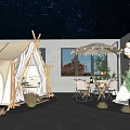 Cozy Café Interior With Starry Sky Ceiling Tents String Lights Balloons Dining Table And Plants