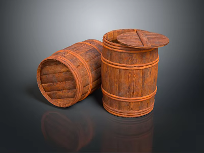 Rustic Wooden Barrels With Open Lid And Overturned Position Design Details 3d model