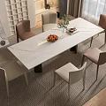 Modern Dining Table Set with White Marble Top Beige Brown Chairs in Bright Room