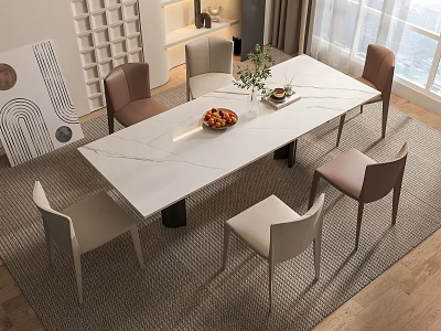 Modern Dining Table Set with White Marble Top Beige Brown Chairs in Bright Room 3d model
