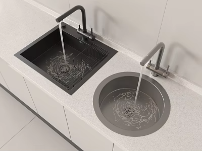 Modern Square and Round Kitchen Sinks with Faucets on Light Kitchen Countertop with Flowing Water 3d model