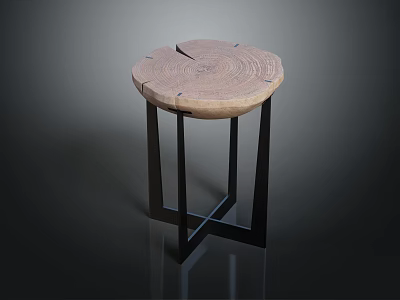 Rustic Round Wooden Stump Side Table Furniture with Black Metal Cross Legs Design 3d model