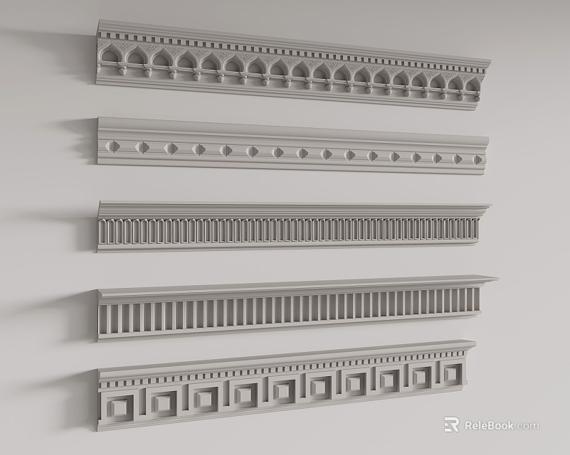 Various Decorative Molding Lines Featuring Different Ornamental Patterns For Interior Design 3d model 