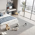 Cozy Children's Bed Bedroom with Soft Bedding Toys Study Desk and Artwork