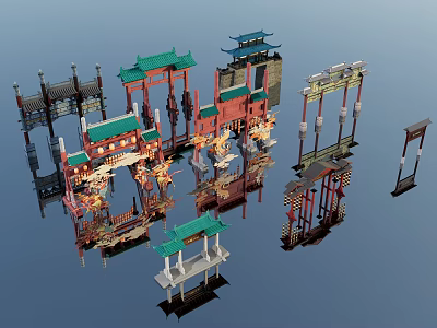 Traditional Chinese Architectural Models Featuring Green Roofs Red Frames And Detailed Designs 3d model