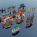 Traditional Chinese Architectural Models Featuring Green Roofs Red Frames And Detailed Designs