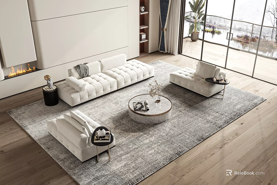Modern Sofa and Coffee Table Set with White Upholstery Rug Fireplace and Large Windows 3d model 