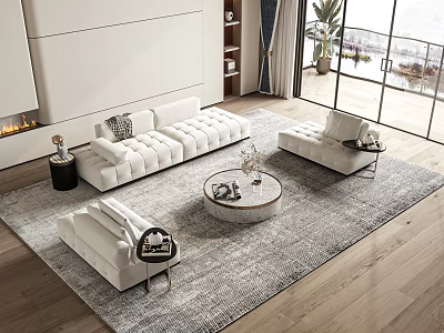 Modern Sofa and Coffee Table Set with White Upholstery Rug Fireplace and Large Windows 3d model