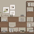 Wooden Bookshelf With Multi Tiered Beige Wall Decorative Paintings Books Small Decor And Vintage Radio