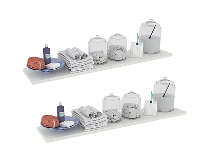 Everyday Living Supplies On Shelf With Rolled Towels Glass Jars Toothpaste Toothbrush And Soap 3d model