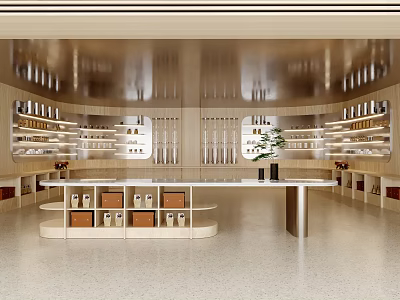 Modern Sales Office Interior With Wooden Display Shelves Central Counter And Green Plant 3d model