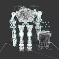 Red Mechanical Robot With Glowing Eyes And Green Trash Can On Gray Background