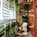 Luxurious Villa Balcony With Lush Green Plants Rattan Pendant Lights And Wooden Accents